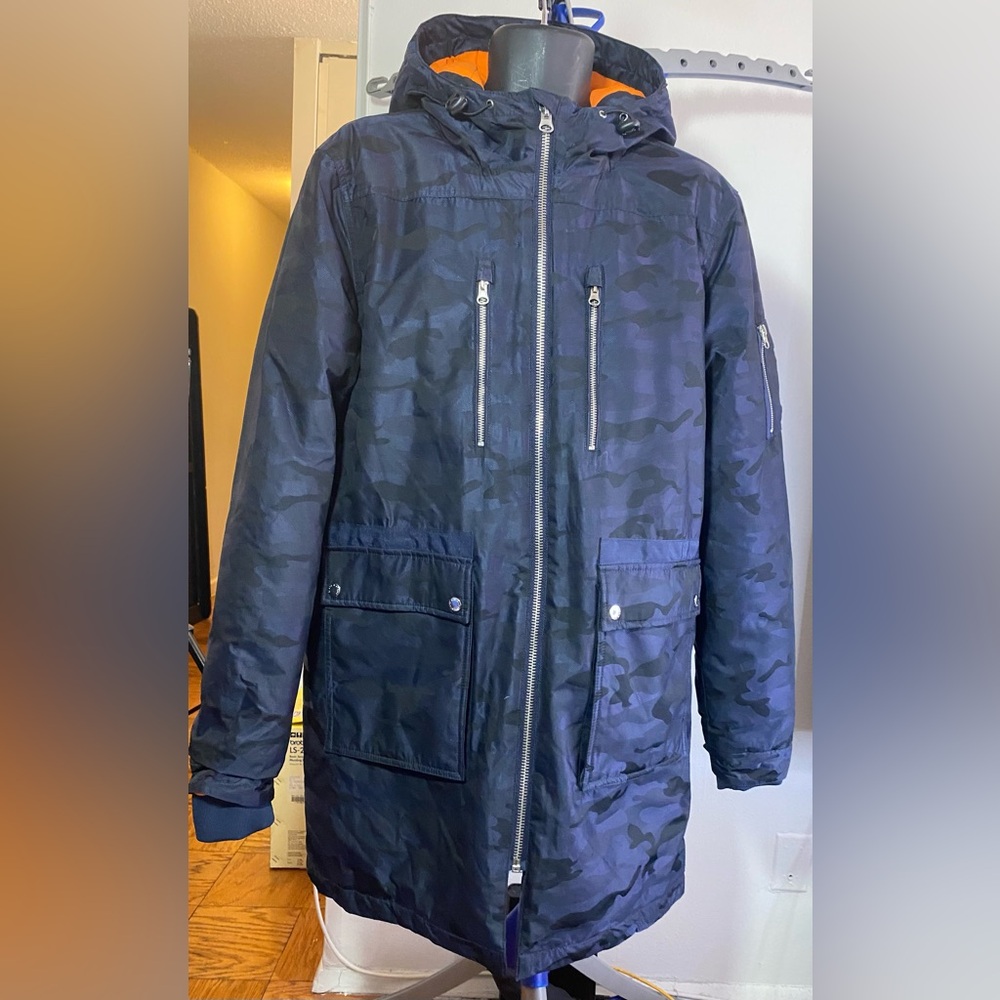 💙Slate & Stone Long Hooded Parka Coat Blue Black Camo Size L - Picture 7 of 15